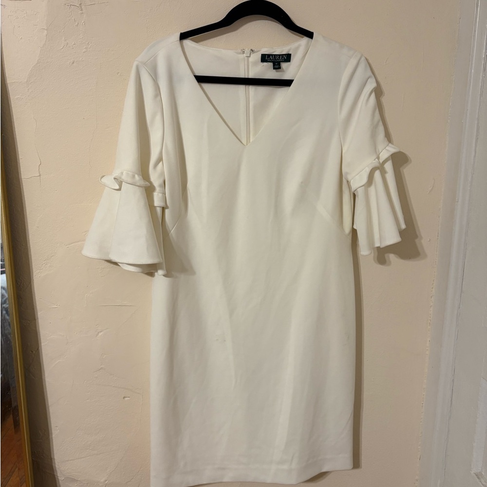 Ralph Lauren White Midi Dress with Ruffled Bell Sleeves and V-Neckline